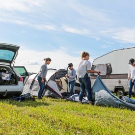 Teltan pystytystä yhteistyössä.