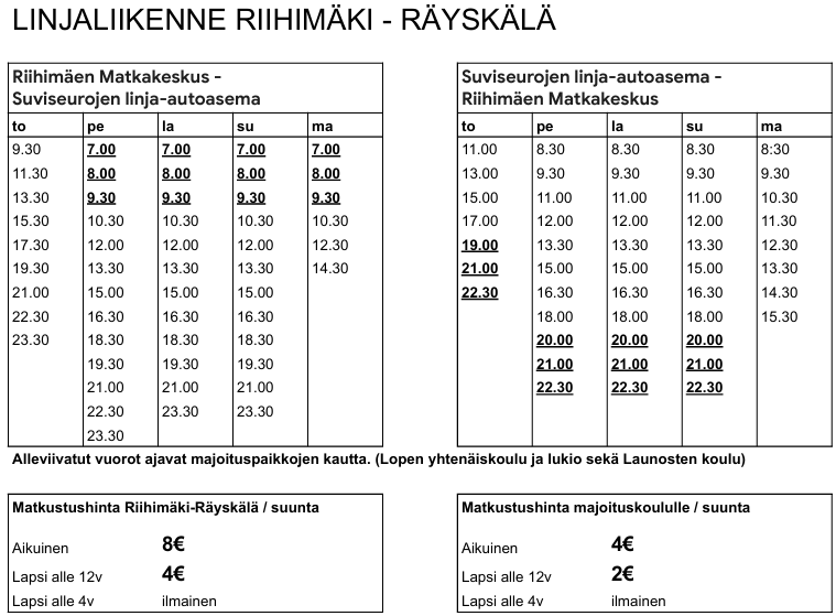 To: Riihimäen Matkakeskuksesta 9:30-23:30, Suviseurojen linja-autoasemalta 11:00-22:30 med två timmars mellanrum Pe-su: Riihimäen Matkakeskuksesta 07:00-23:30, Suviseurojen linja-autoasemalta 8:30-22:30, 1-2 h välein. Ma: Riihimäen Matkakeskuksesta 07:00-14:30, Suviseurojen linja-autoasemalta 08:30-15:30 1-2 h välein BUSSIMATKOJEN HINNOITTELU Aikuiset: 8 €/suunta (koulumajoitukseen 4€/suunta) Barn: under 12 år 4 €/suunta (koulumajoitukseen 2€/suunta) Barn: under 4 år gratis